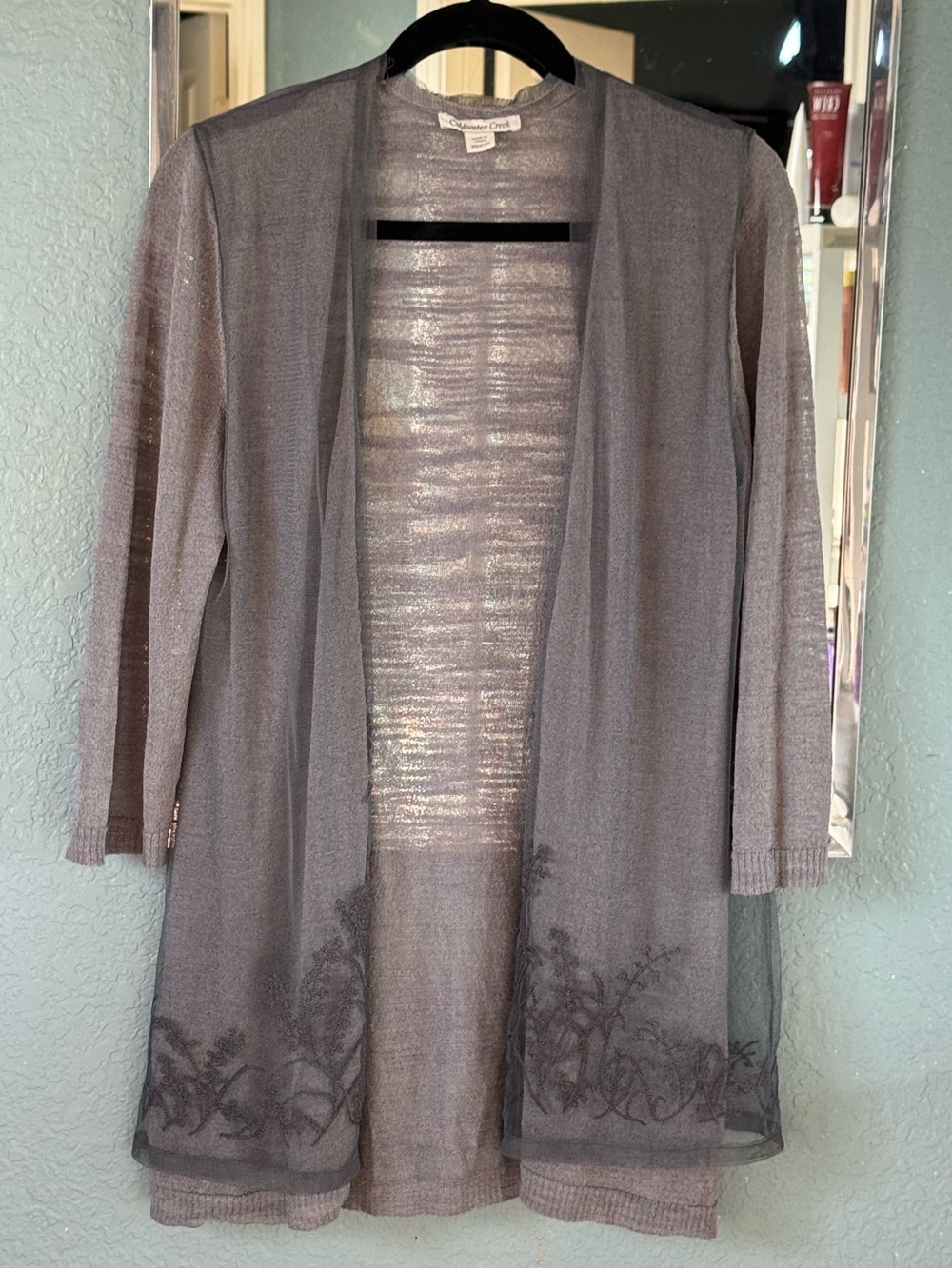 STUNNING Gauzy Sheer Embroidered Longline Cardigan - Taupe Gray Size M